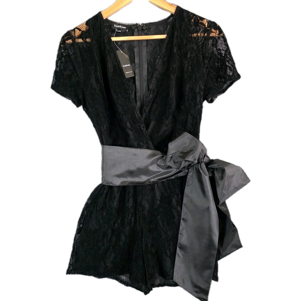 NEW Bebe Romper Sz 6 Black Velvet Lace Sheer Witchy Goth Dark Fairy Party Outfit - Picture 2 of 11